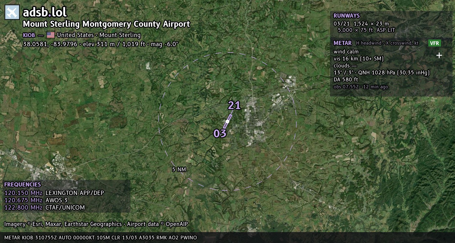 Satellite map with the runway layout of Mount Sterling Montgomery County Airport (KIOB)