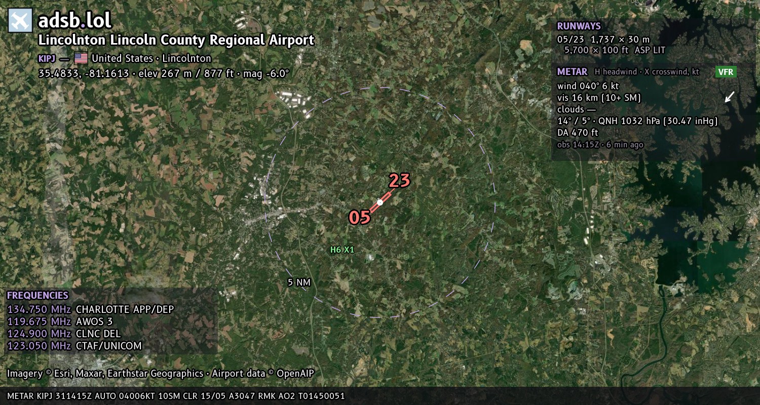 Satellite map with the runway layout of Lincolnton Lincoln County Regional Airport (KIPJ)