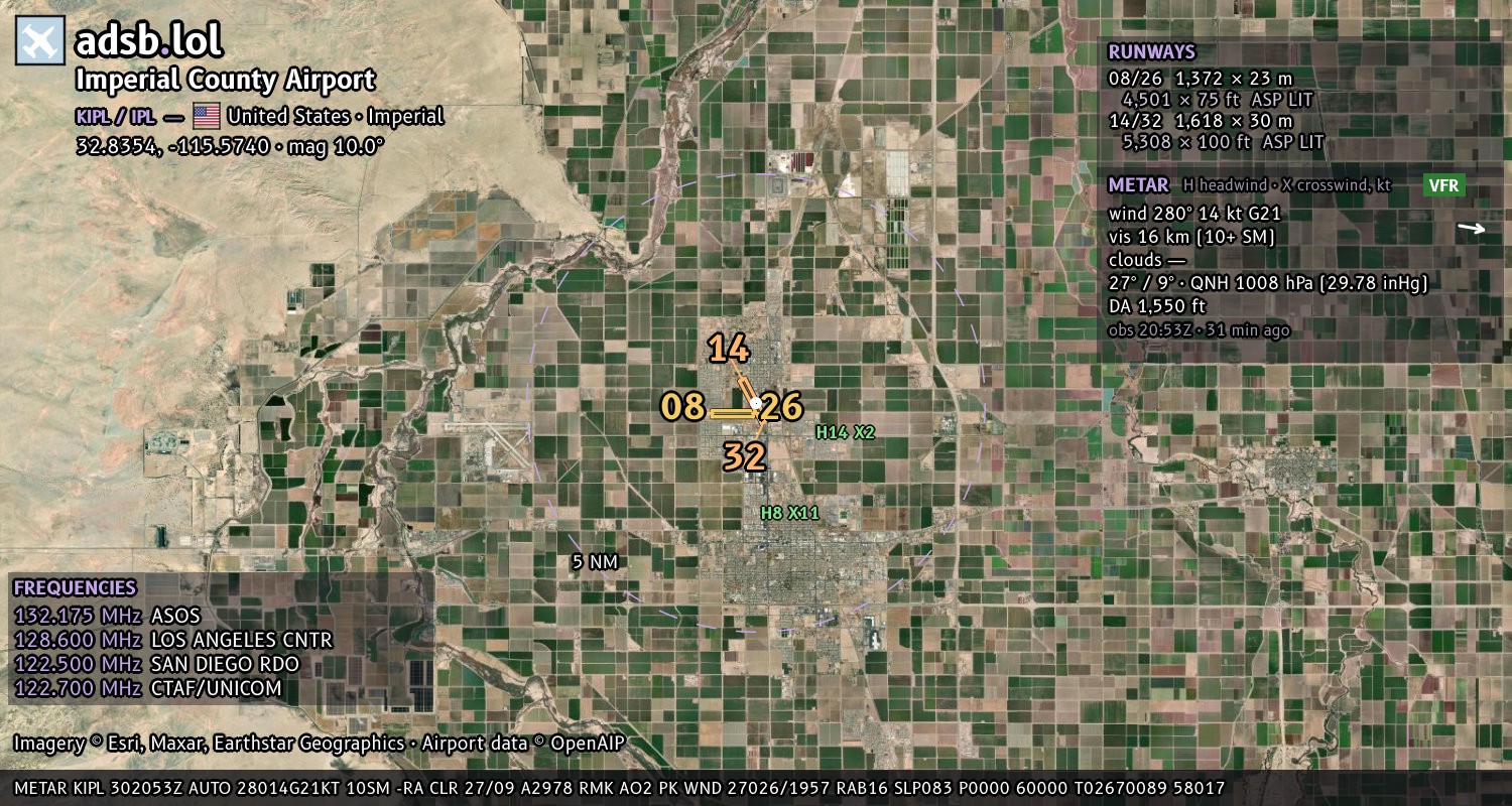 Satellite map with the runway layout of Imperial County Airport (KIPL)
