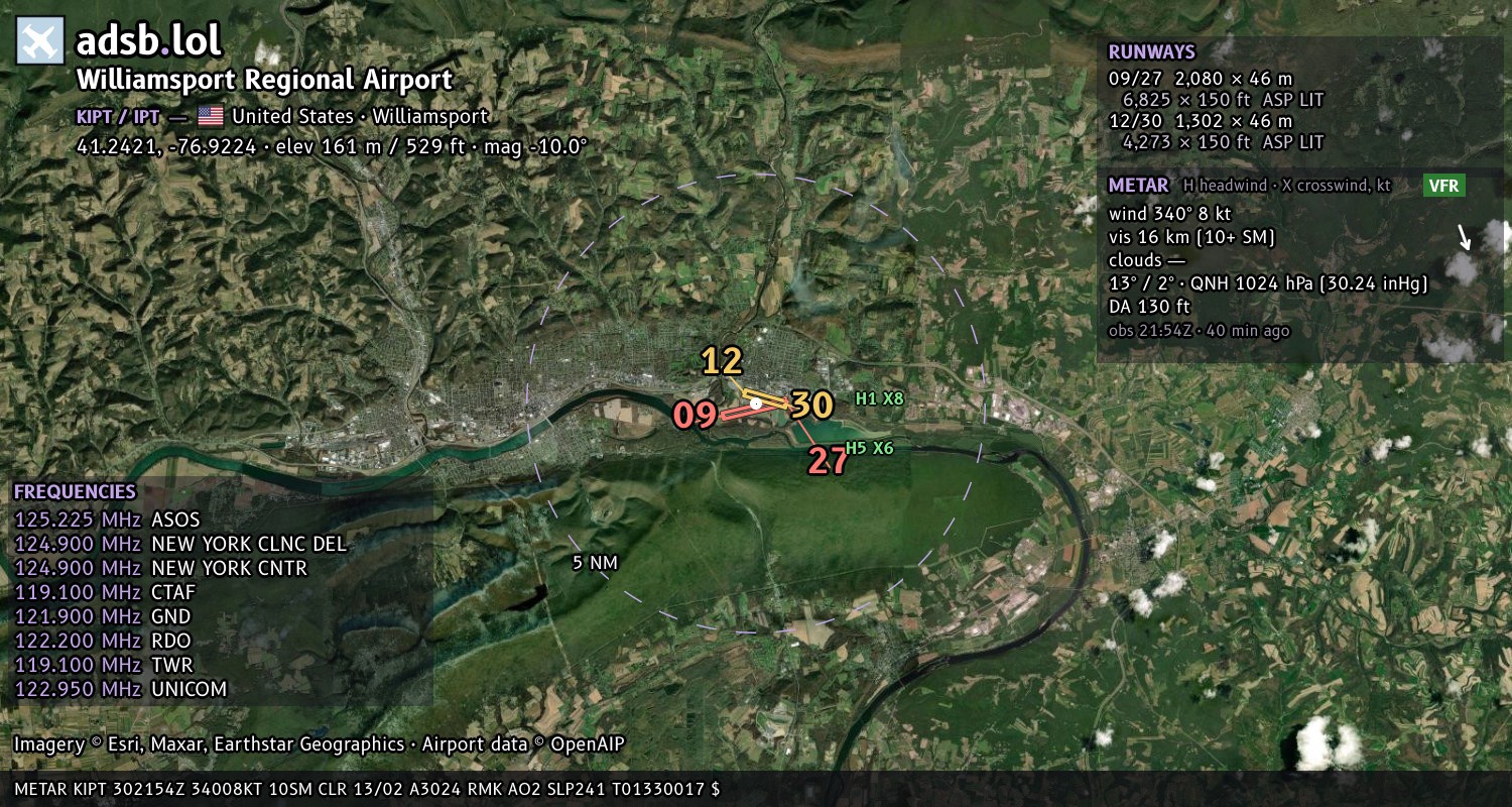 Satellite map with the runway layout of Williamsport Regional Airport (KIPT)
