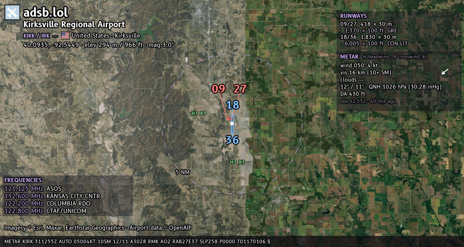 Satellite map with the runway layout of Kirksville Regional Airport (KIRK)