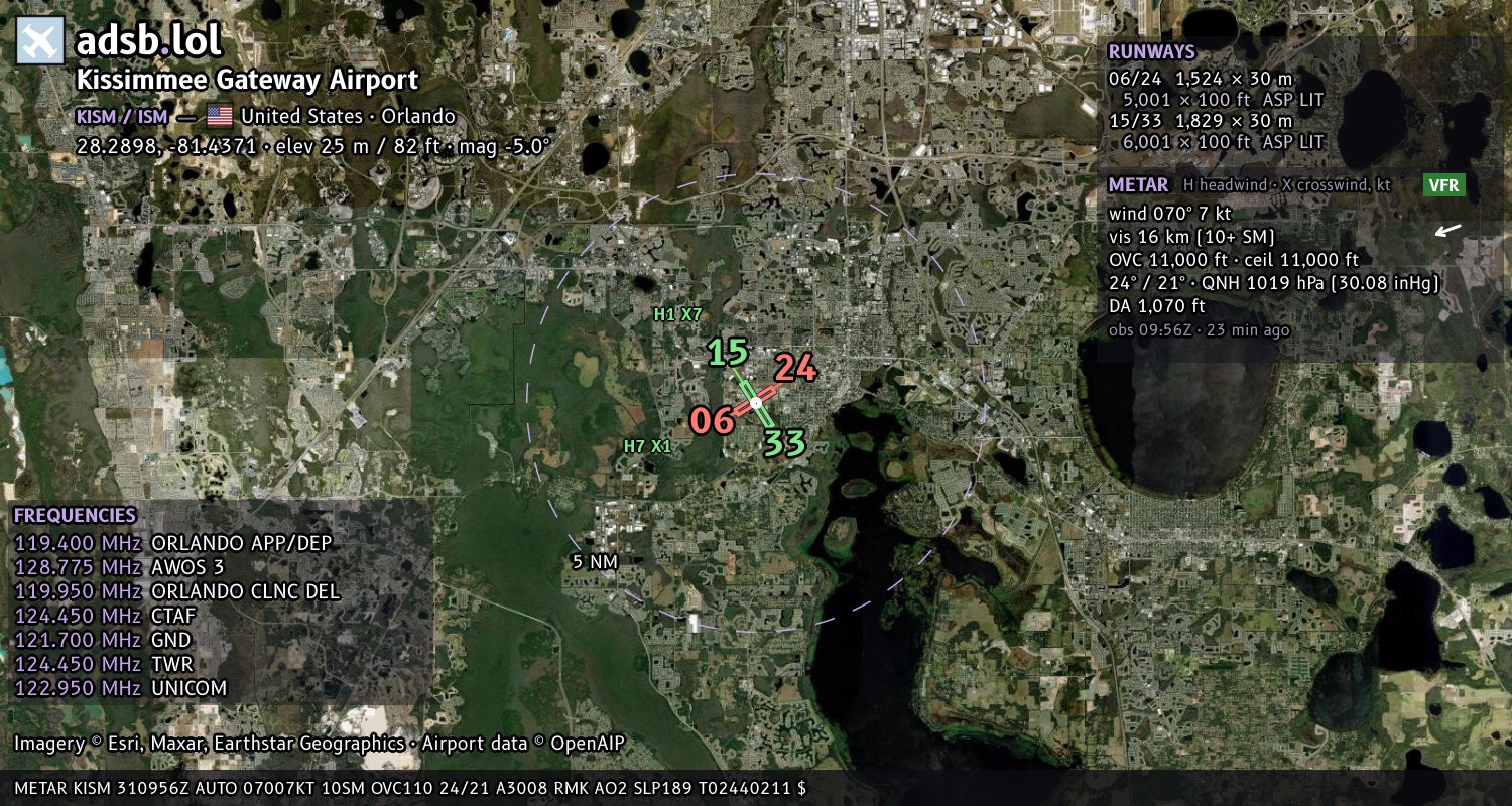 Satellite map with the runway layout of Kissimmee Gateway Airport (KISM)