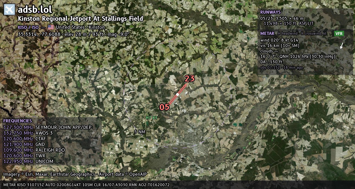 Satellite map with the runway layout of Kinston Regional Jetport At Stallings Field (KISO)