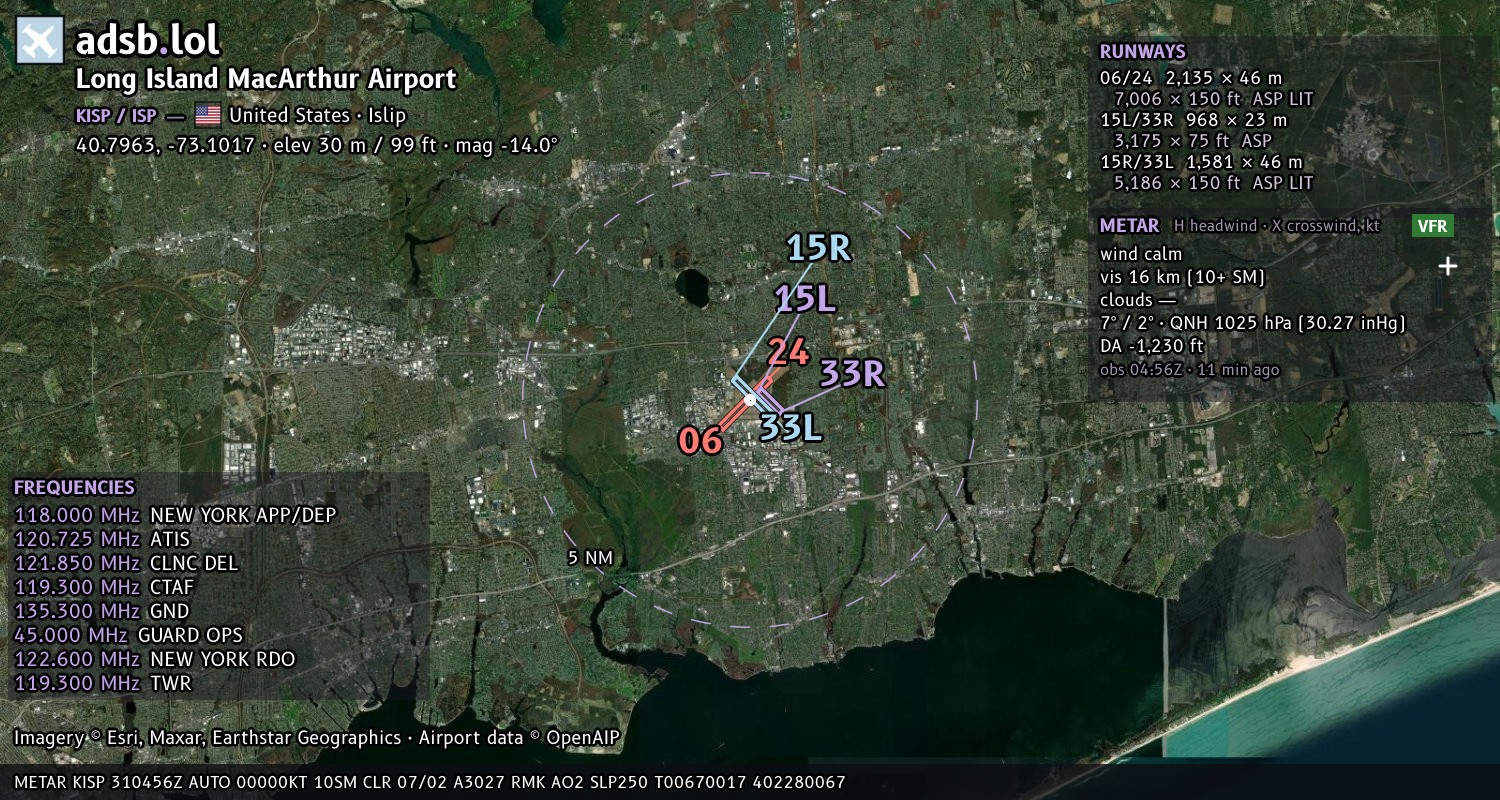 Satellite map with the runway layout of Long Island MacArthur Airport (KISP)