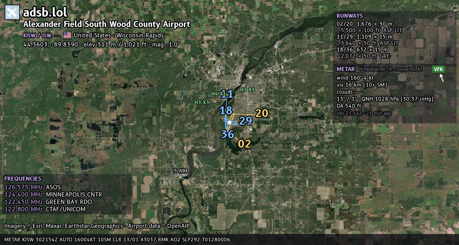 Satellite map with the runway layout of Alexander Field South Wood County Airport (KISW)
