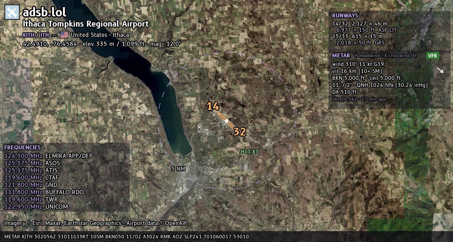 Satellite map with the runway layout of Ithaca Tompkins Regional Airport (KITH)