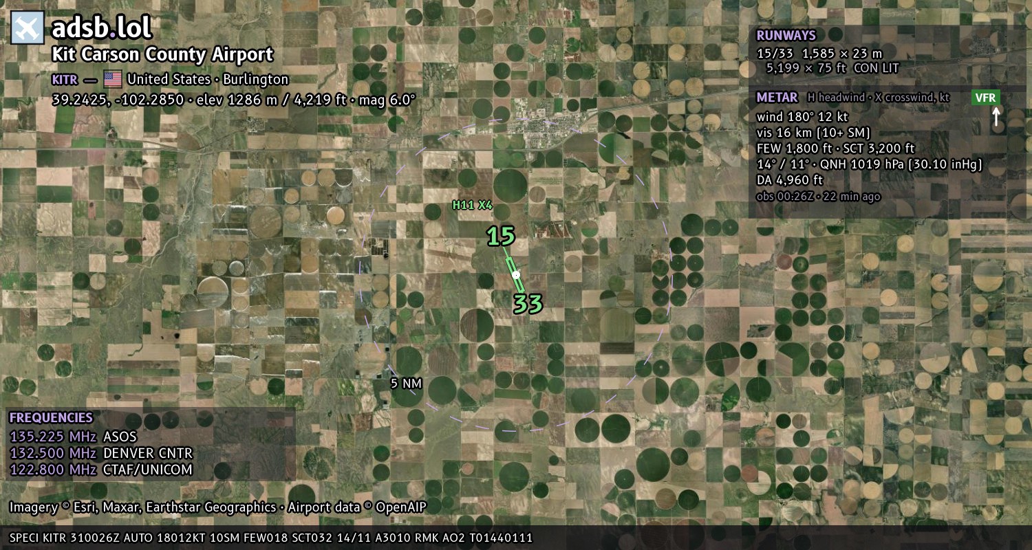 Satellite map with the runway layout of Kit Carson County Airport (KITR)