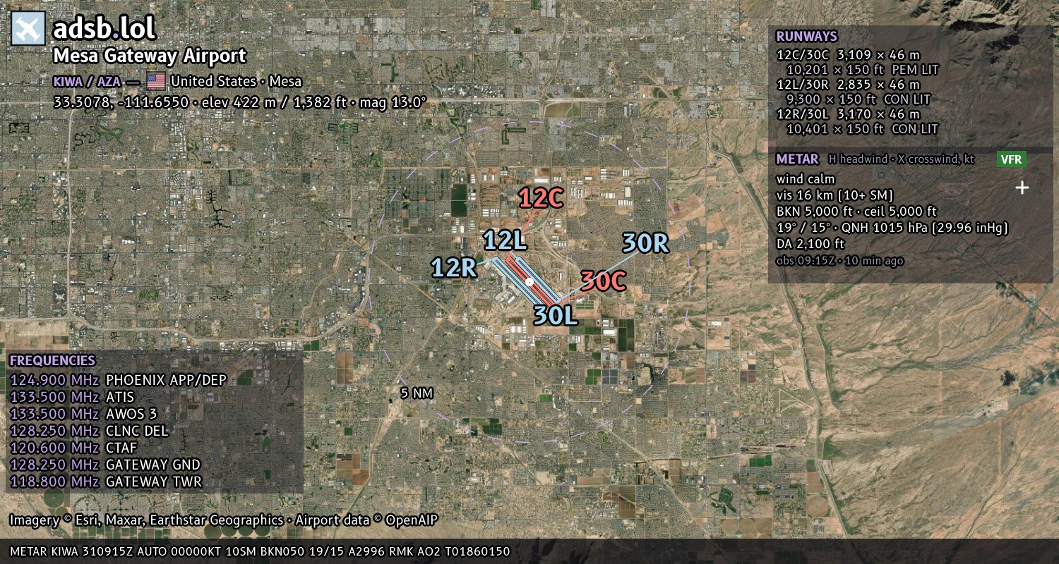 Satellite map with the runway layout of Mesa Gateway Airport (KIWA)