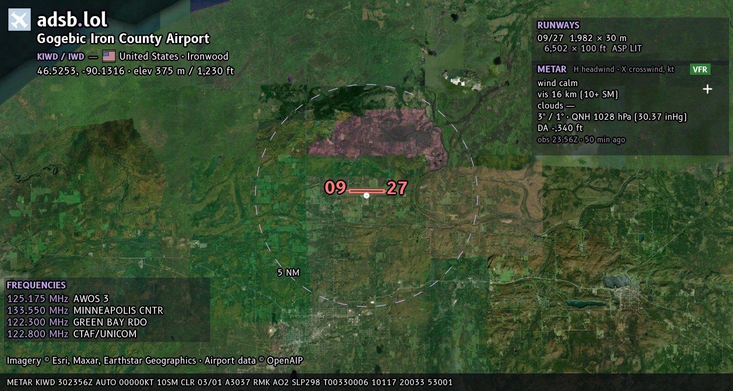 Satellite map with the runway layout of Gogebic Iron County Airport (KIWD)
