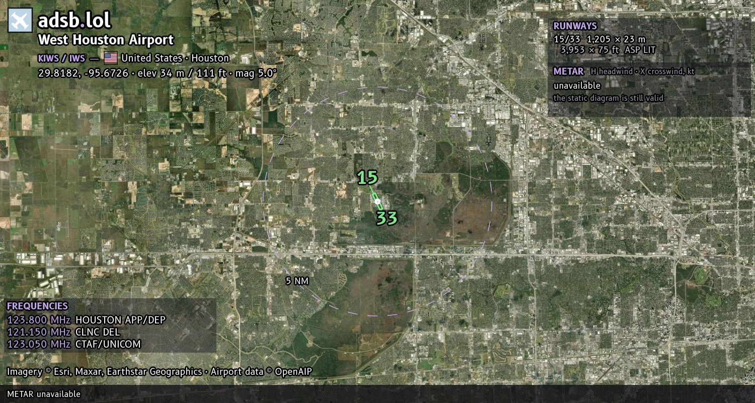Satellite map with the runway layout of West Houston Airport (KIWS)