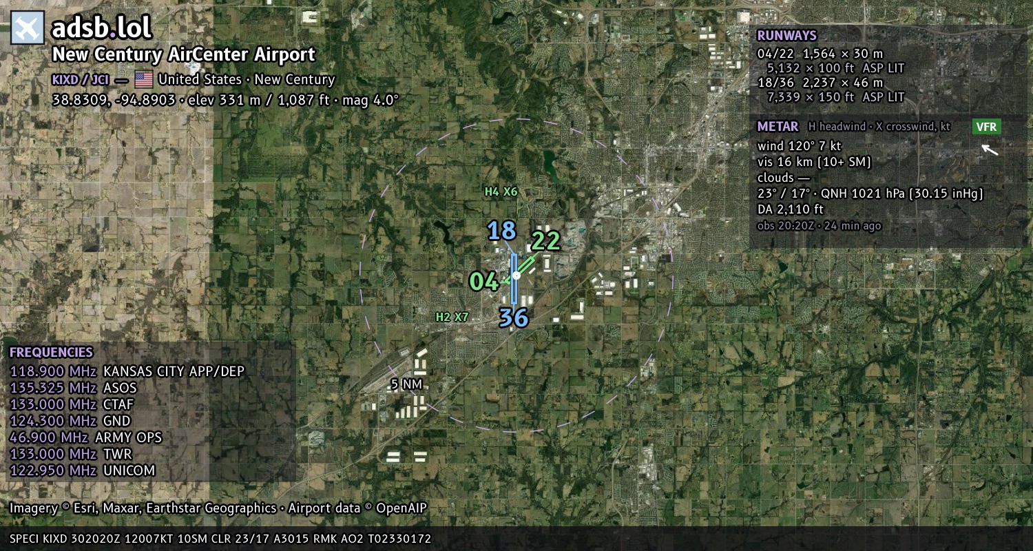 Satellite map with the runway layout of New Century AirCenter Airport (KIXD)