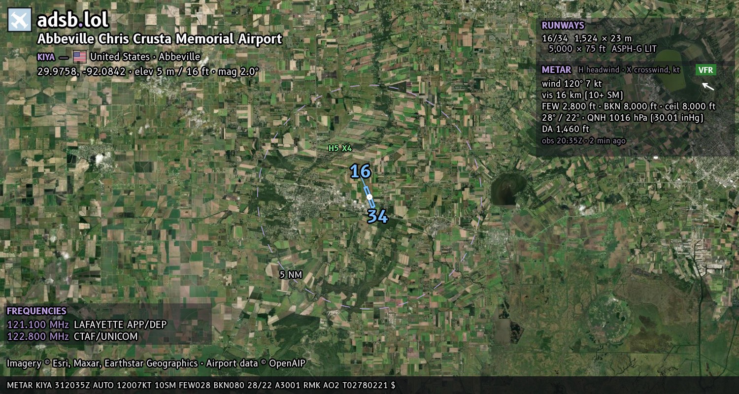 Satellite map with the runway layout of Abbeville Chris Crusta Memorial Airport (KIYA)