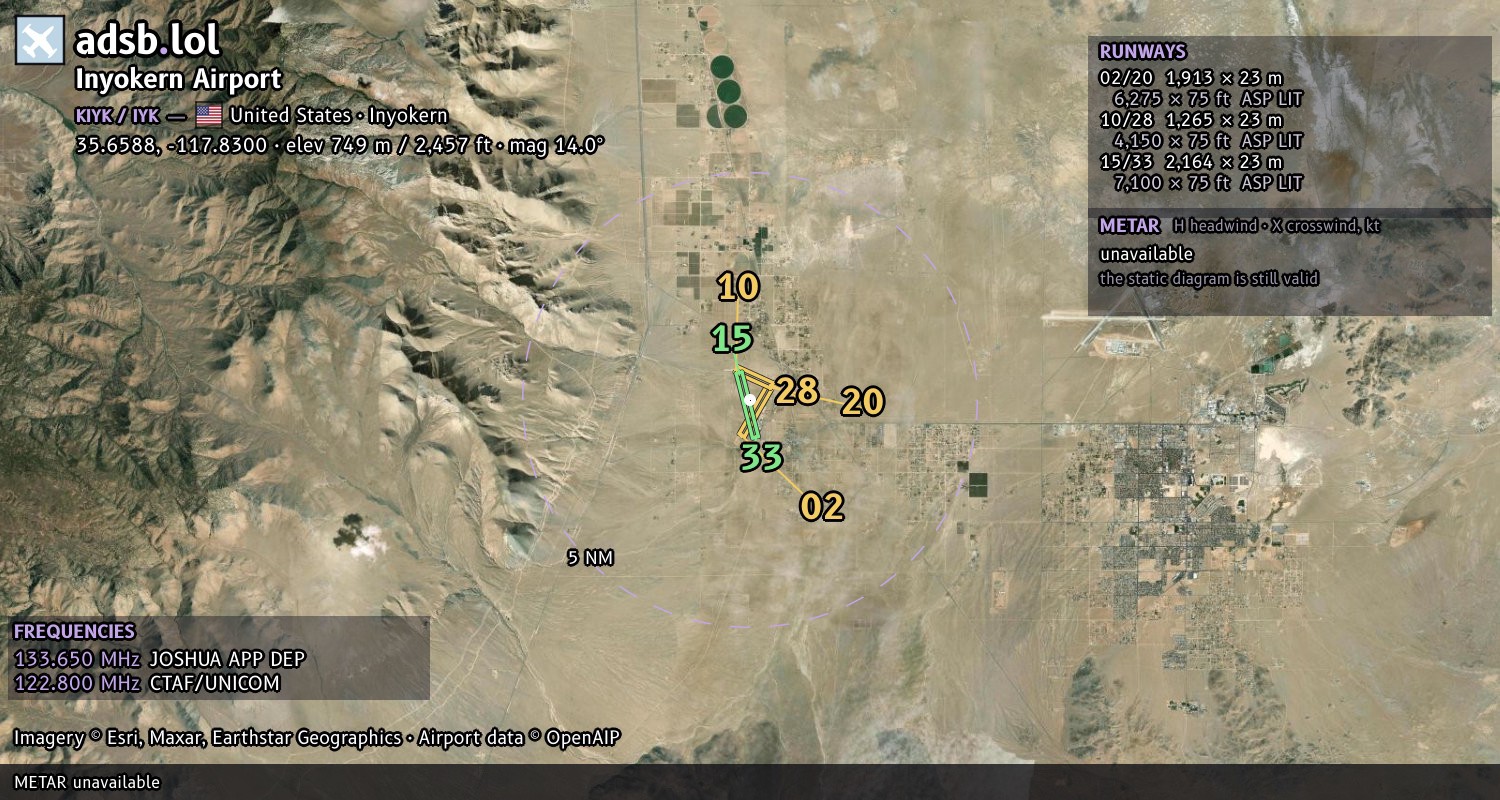 Satellite map with the runway layout of Inyokern Airport (KIYK)