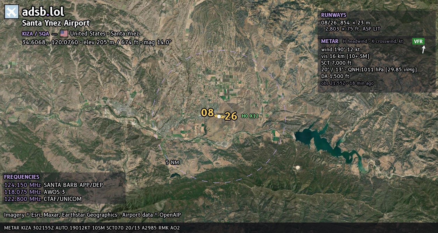Satellite map with the runway layout of Santa Ynez Airport (KIZA)