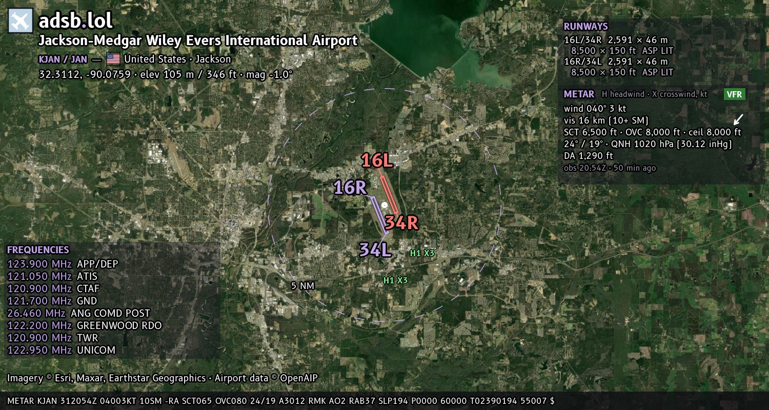 Satellite map with the runway layout of Jackson-Medgar Wiley Evers International Airport (KJAN)