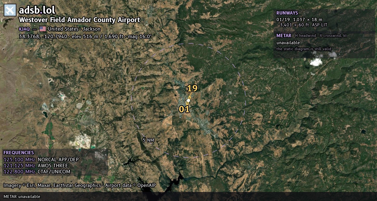 Satellite map with the runway layout of Westover Field Amador County Airport (KJAQ)