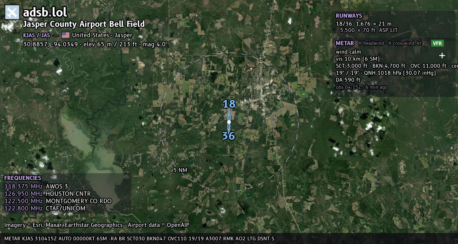 Satellite map with the runway layout of Jasper County Airport Bell Field (KJAS)