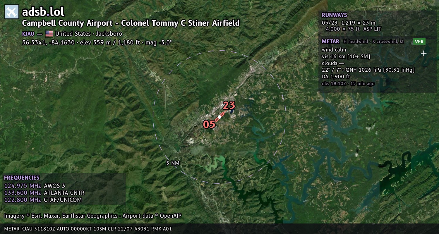 Satellite map with the runway layout of Campbell County Airport  - Colonel Tommy C Stiner Airfield (KJAU)