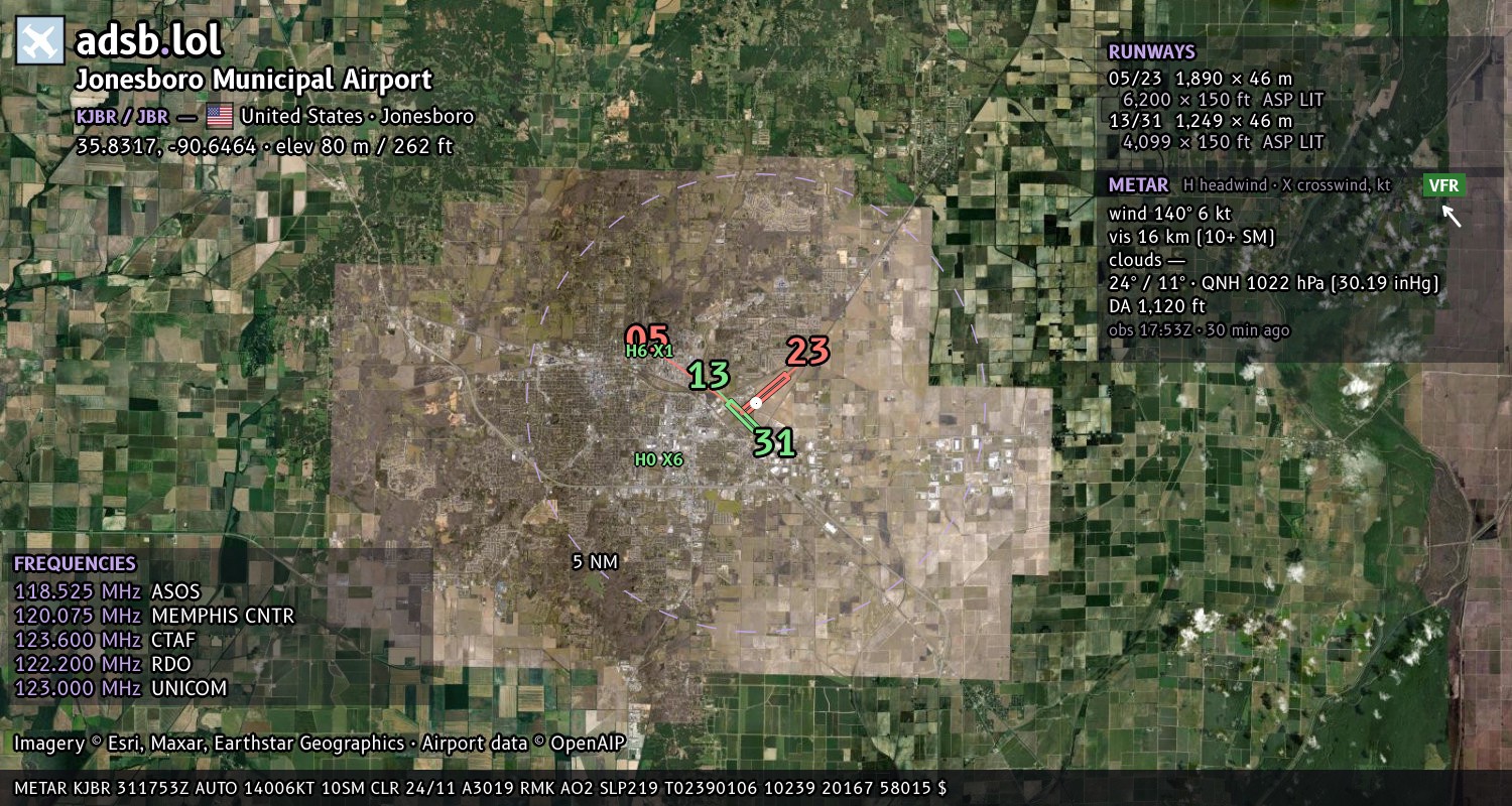 Satellite map with the runway layout of Jonesboro Municipal Airport (KJBR)