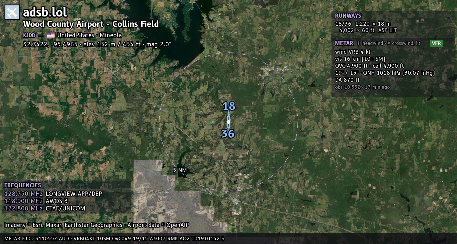 Satellite map with the runway layout of Wood County Airport - Collins Field (KJDD)