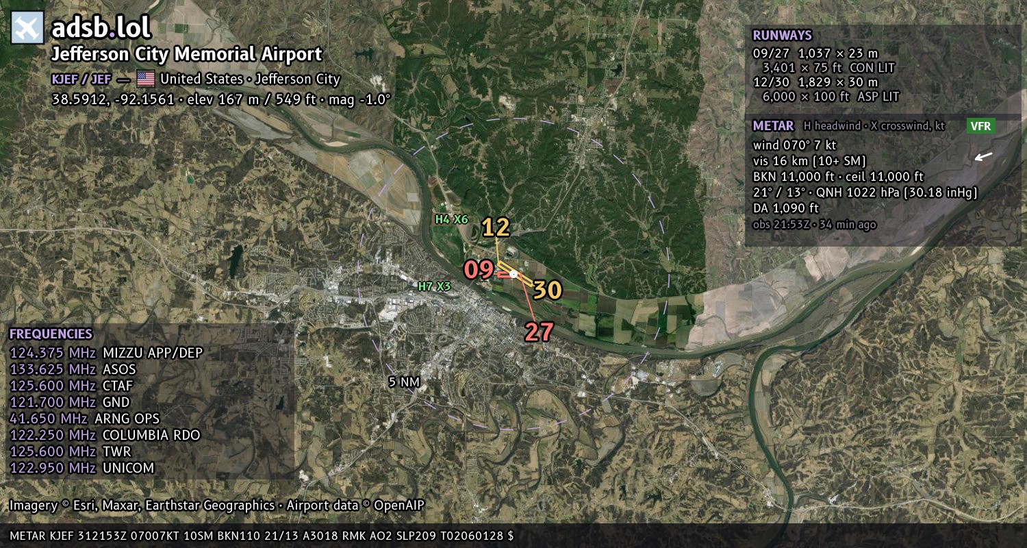 Satellite map with the runway layout of Jefferson City Memorial Airport (KJEF)