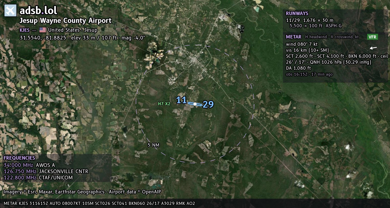 Satellite map with the runway layout of Jesup Wayne County Airport (KJES)