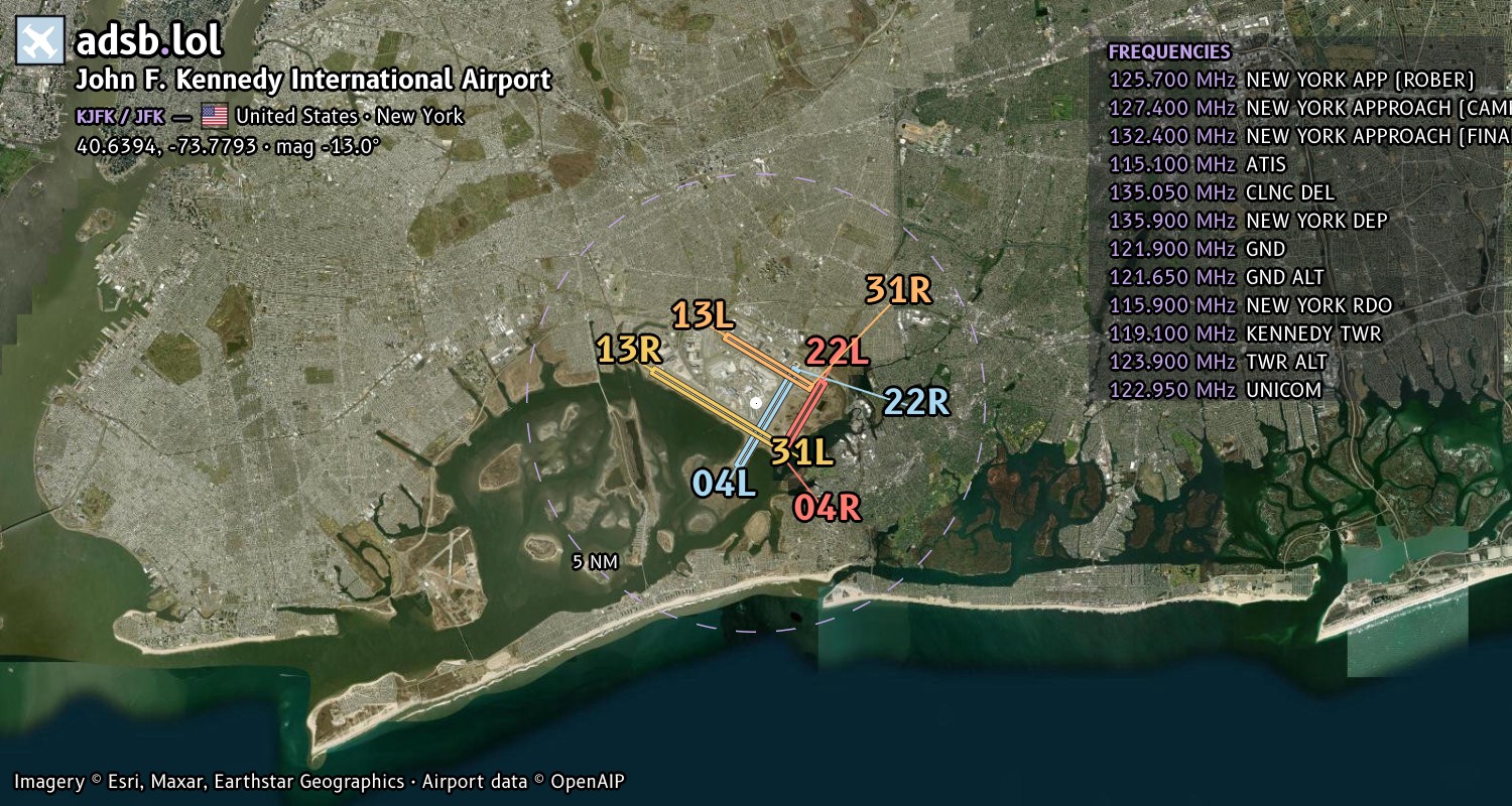Satellite map with the runway layout of John F. Kennedy International Airport (KJFK)