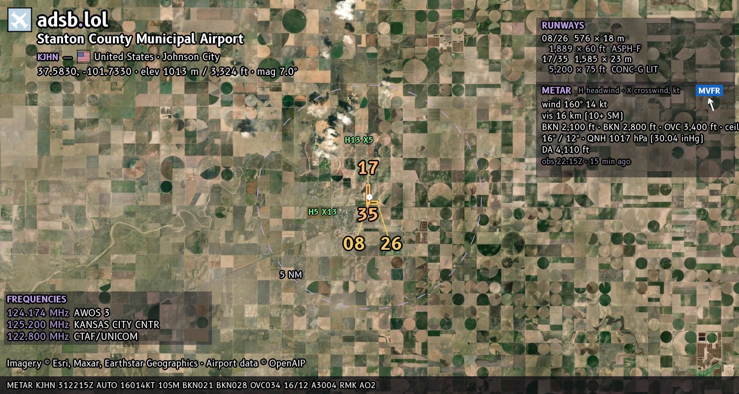 Satellite map with the runway layout of Stanton County Municipal Airport (KJHN)