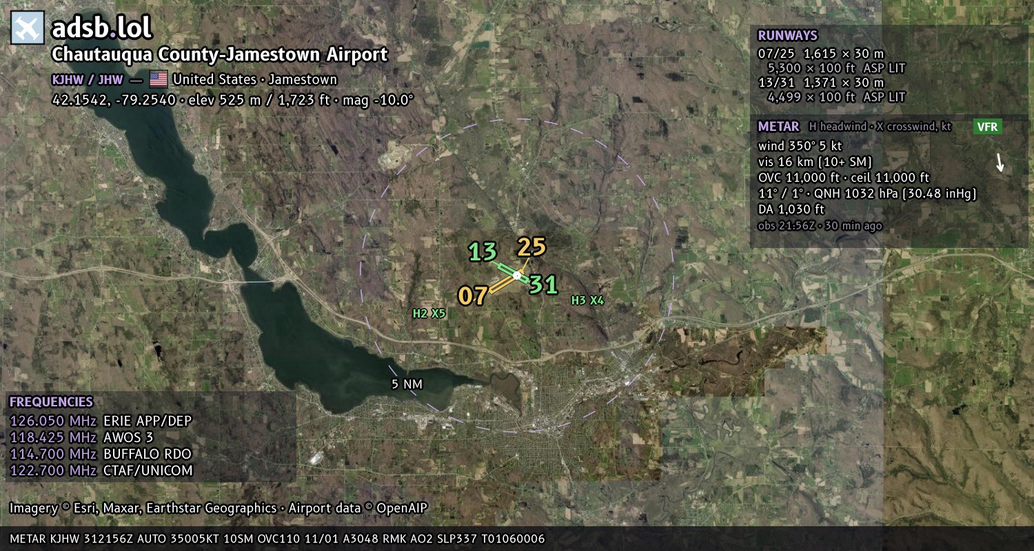 Satellite map with the runway layout of Chautauqua County-Jamestown Airport (KJHW)