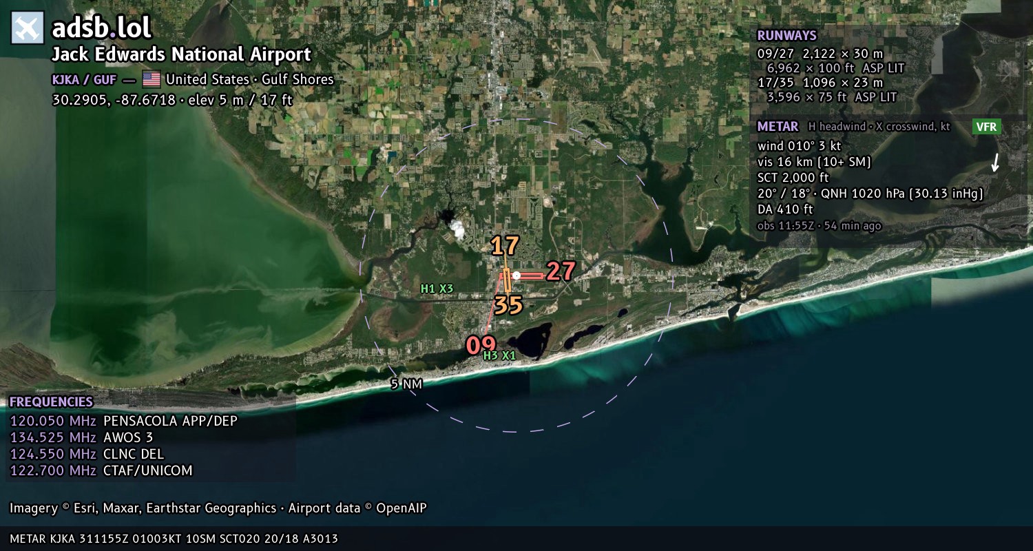 Satellite map with the runway layout of Jack Edwards National Airport (KJKA)