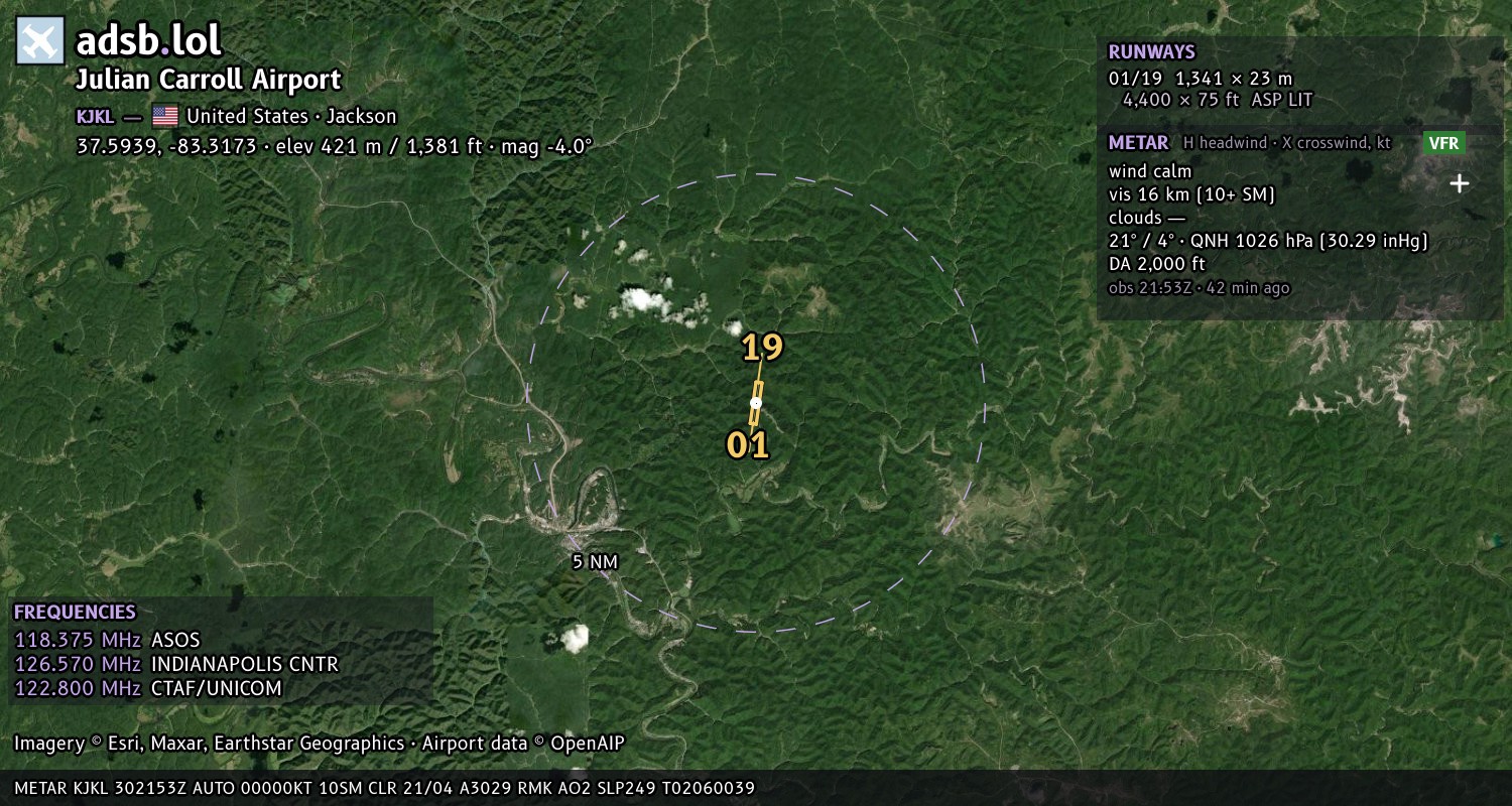 Satellite map with the runway layout of Julian Carroll Airport (KJKL)