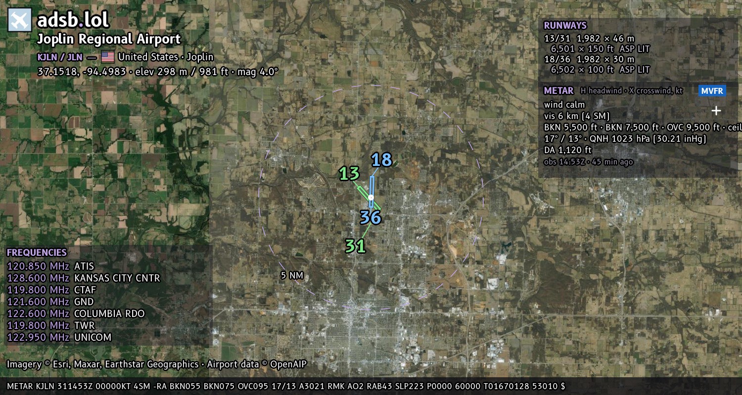 Satellite map with the runway layout of Joplin Regional Airport (KJLN)