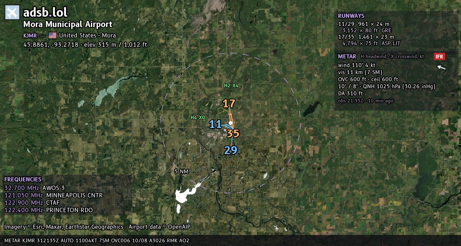 Satellite map with the runway layout of Mora Municipal Airport (KJMR)