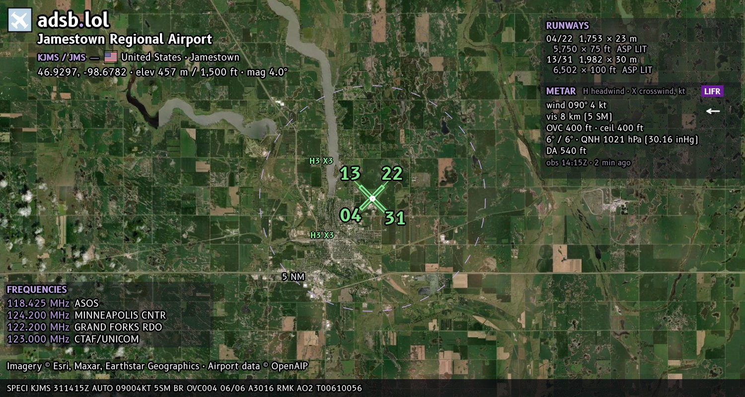 Satellite map with the runway layout of Jamestown Regional Airport (KJMS)