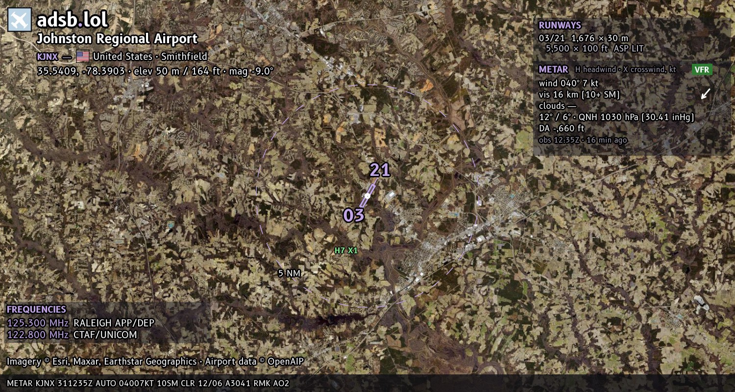 Satellite map with the runway layout of Johnston Regional Airport (KJNX)