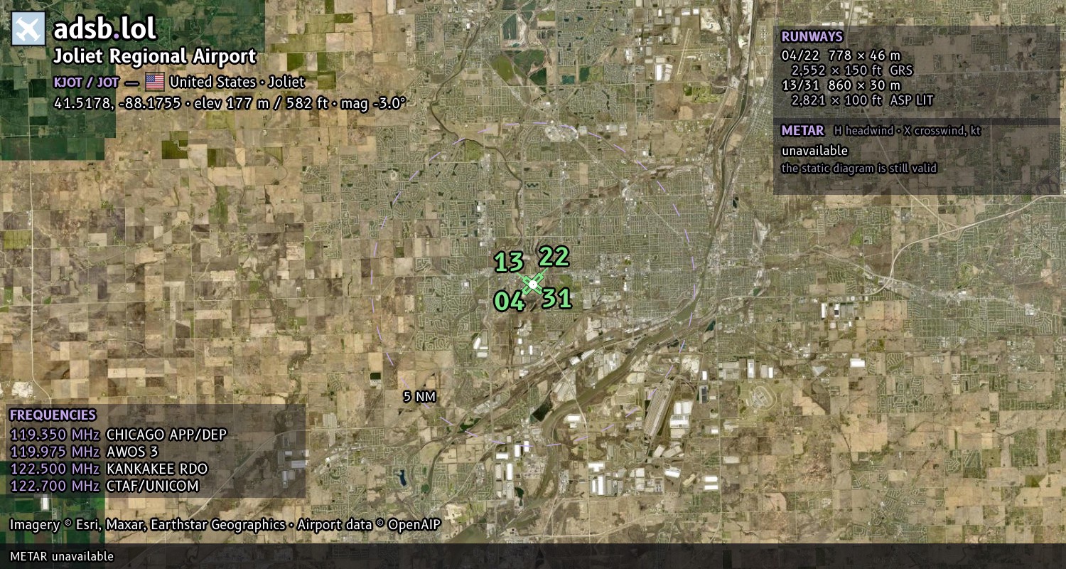 Satellite map with the runway layout of Joliet Regional Airport (KJOT)