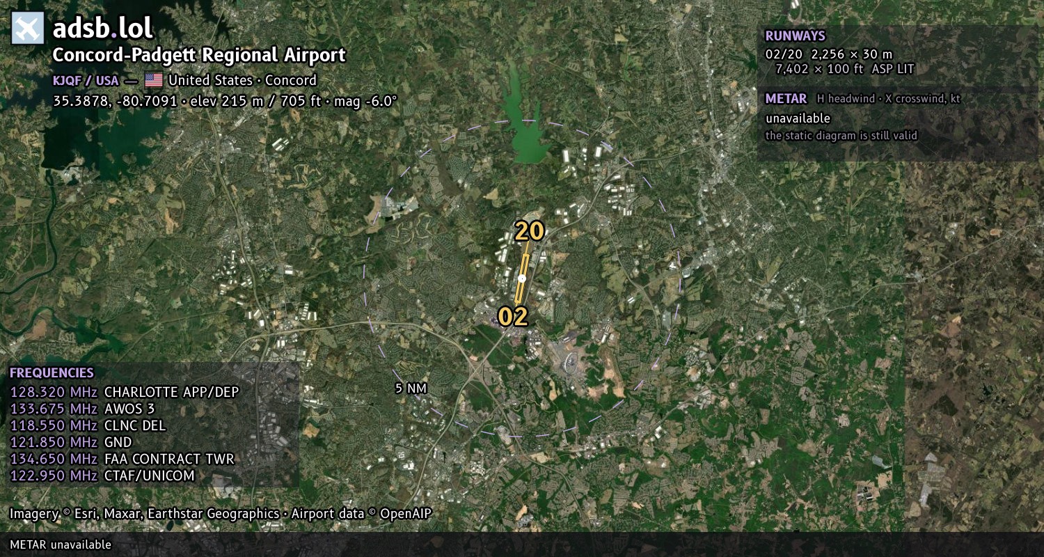 Satellite map with the runway layout of Concord-Padgett Regional Airport (KJQF)