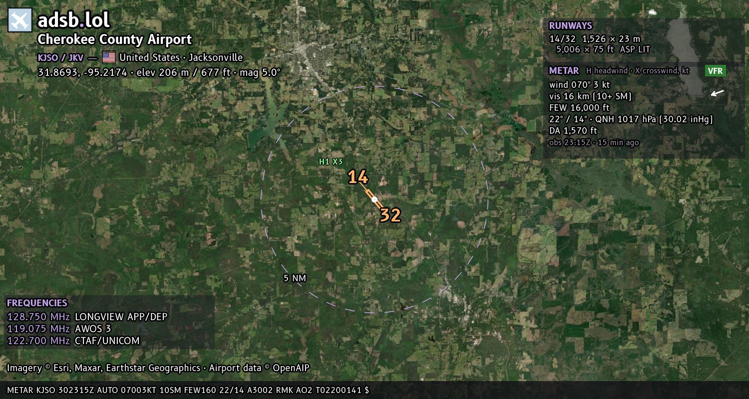 Satellite map with the runway layout of Cherokee County Airport (KJSO)