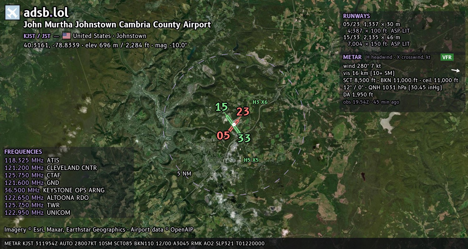 Satellite map with the runway layout of John Murtha Johnstown Cambria County Airport (KJST)