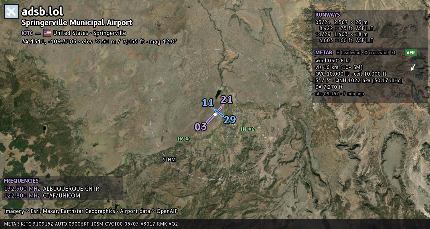 Satellite map with the runway layout of Springerville Municipal Airport (KJTC)