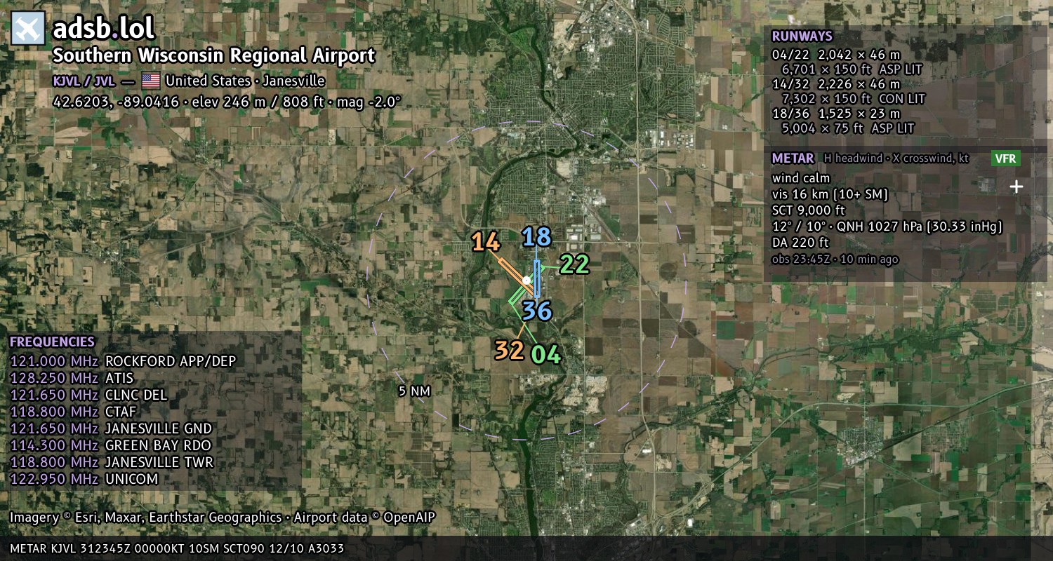 Satellite map with the runway layout of Southern Wisconsin Regional Airport (KJVL)