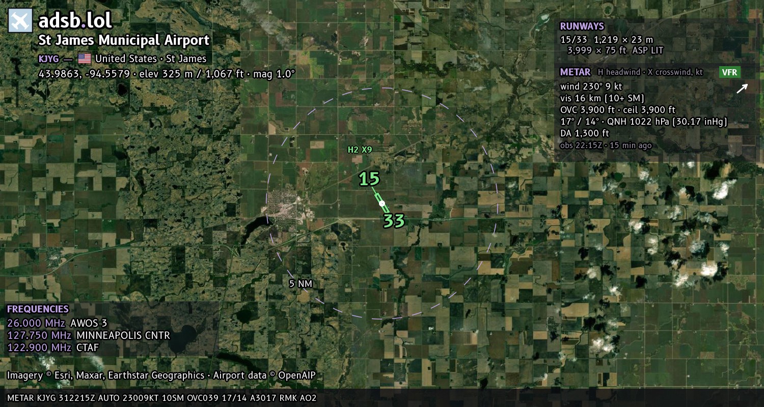 Satellite map with the runway layout of St James Municipal Airport (KJYG)