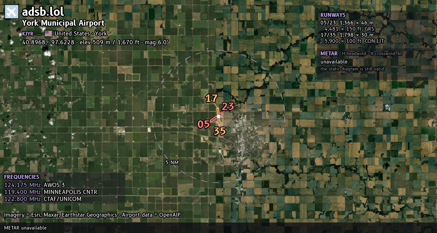 Satellite map with the runway layout of York Municipal Airport (KJYR)