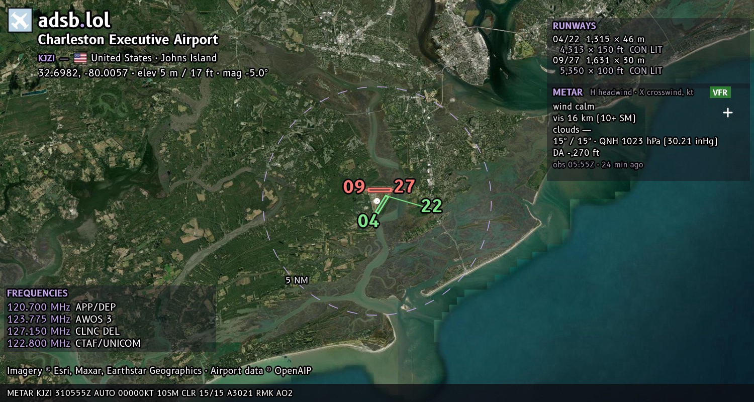 Satellite map with the runway layout of Charleston Executive Airport (KJZI)