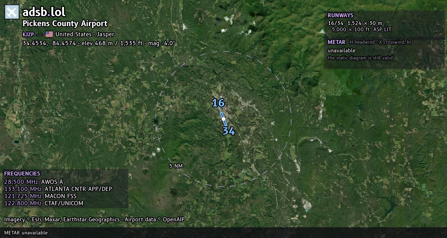 Satellite map with the runway layout of Pickens County Airport (KJZP)