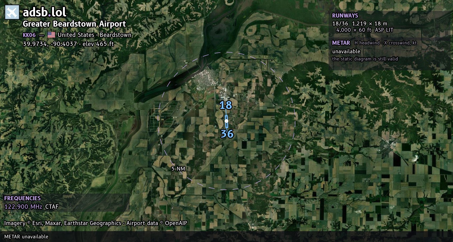 Satellite map with the runway layout of Greater Beardstown Airport (KK06)
