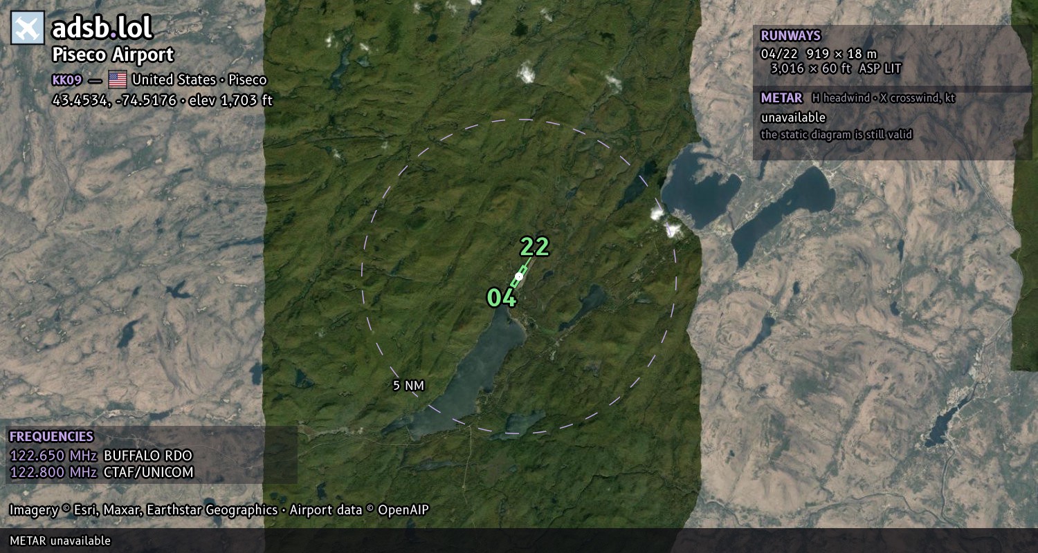 Satellite map with the runway layout of Piseco Airport (KK09)