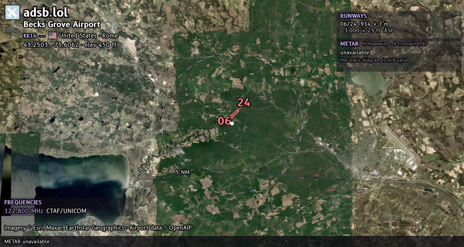 Satellite map with the runway layout of Becks Grove Airport (KK16)
