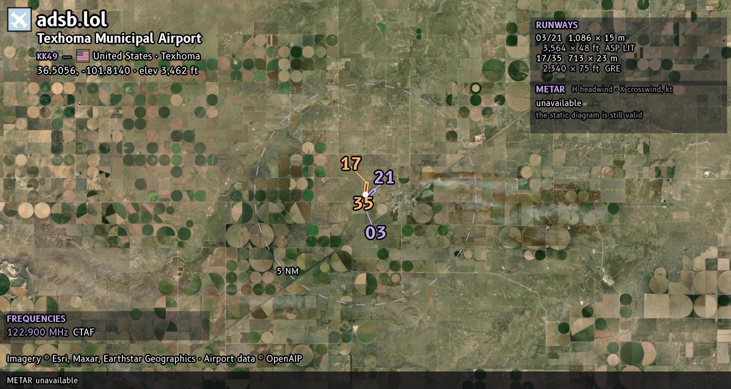Satellite map with the runway layout of Texhoma Municipal Airport (KK49)