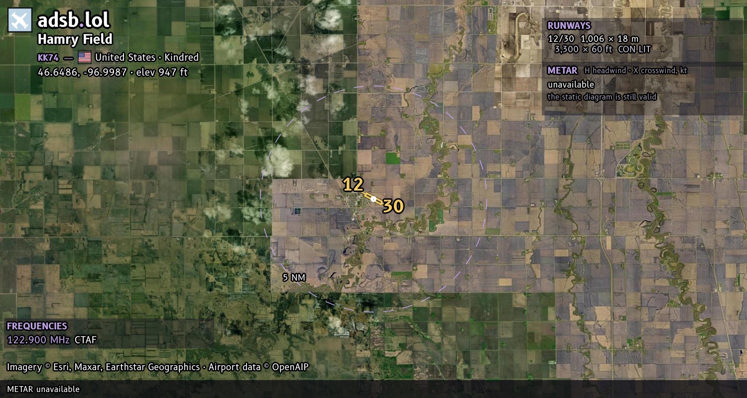 Satellite map with the runway layout of Hamry Field (KK74)